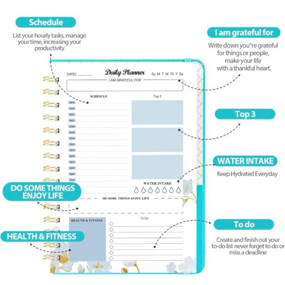 Daily Planner Organizer Undated Teal Green Task List Spiral Bound Notebook - Picture 5 of 6